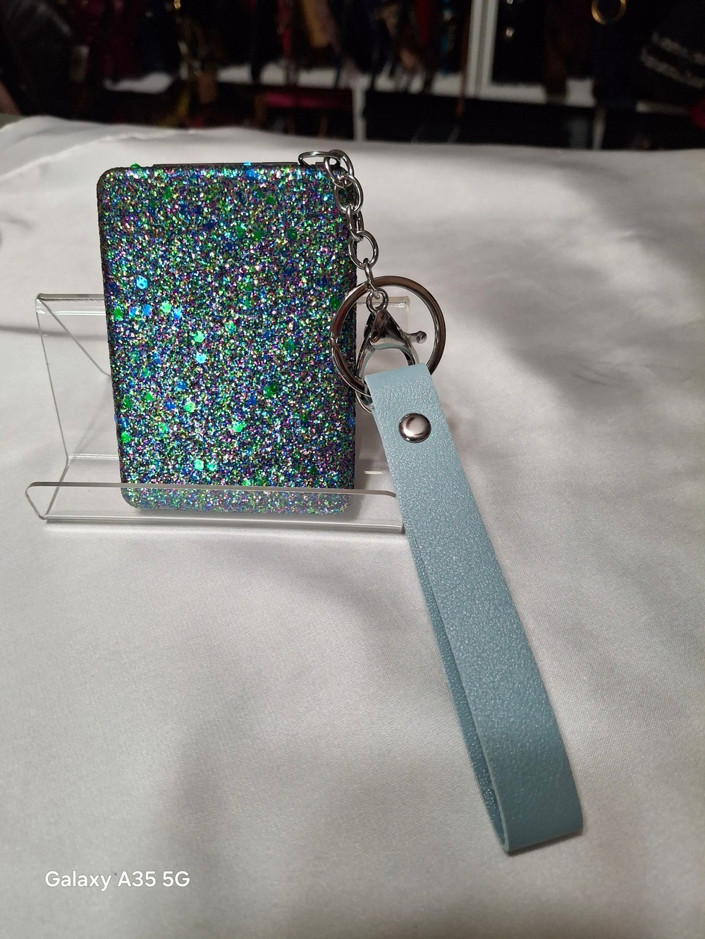 Glitter Blue 2 Way Mirror Compact Keychain with Light Blue Strap New